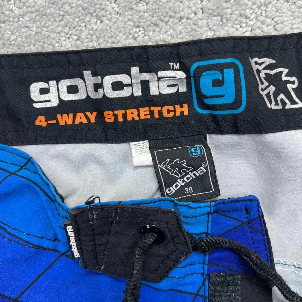 Y2k Gotcha Mens Board Shorts Sz 38 Black Blue Geometric 4-Way Stretch Swim Surf